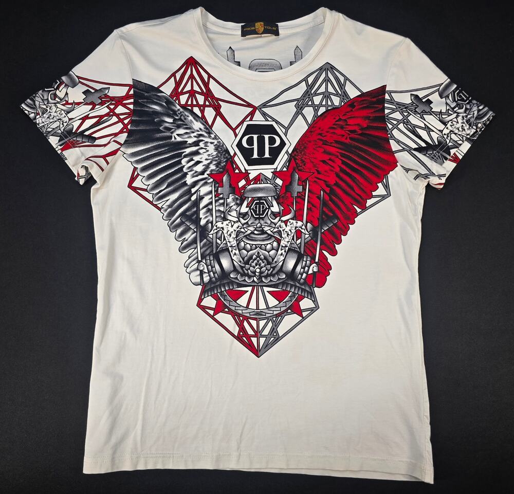 PES TOLS Graphic T‎ Shirt Mens M White Eagle Wings Skull Double Sided